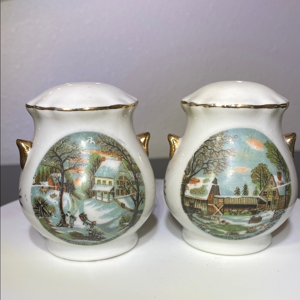 Vintage “Old Homestead in Winter" porcelain salt and pepper shakers.